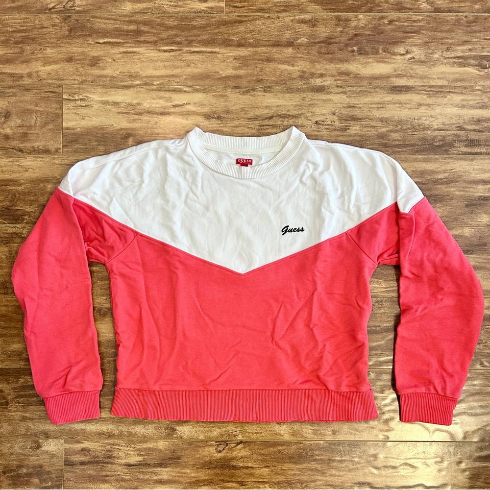 GUESS embroidery logo white coral colourblock sweatshirt XS crew neck sweatertop